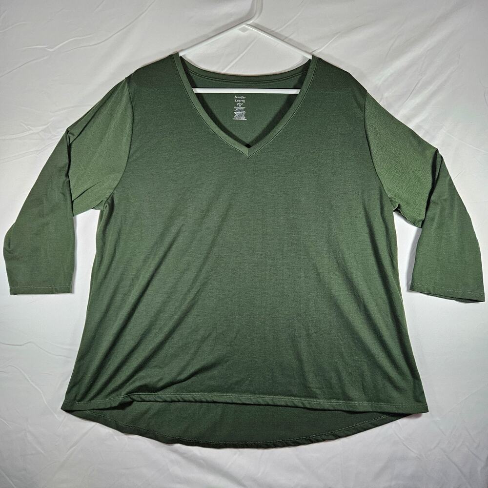 Jennifer Lauren Plus 3X Olive Green V Neck 3/4 Sleeve Stretch Tunic Top